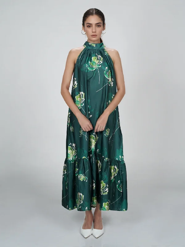 Green Floral Flared Maxi Dress Chic Boho Print Maxi Dress