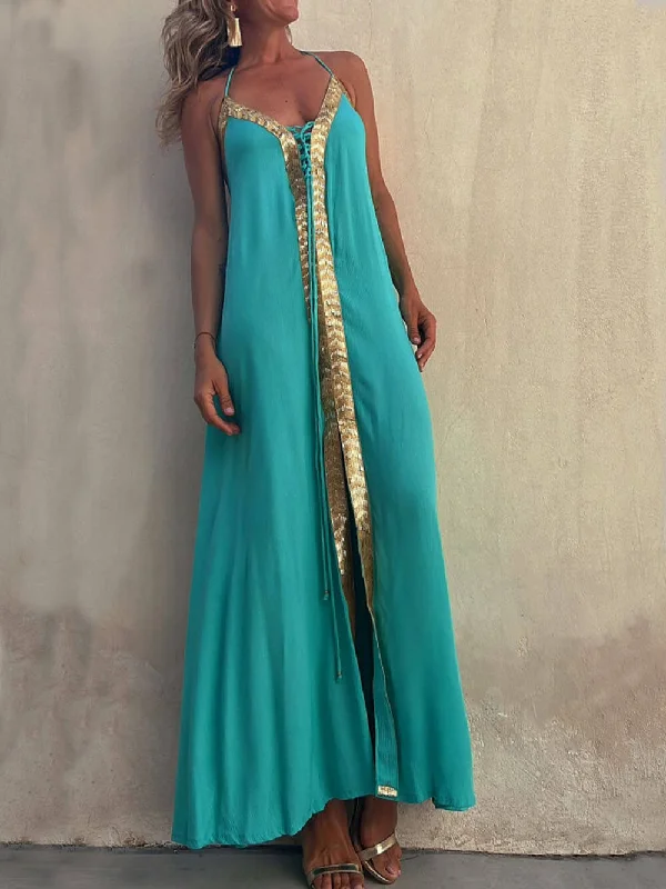 Halter Neck Casual Charming Resort Maxi Dress Trendy Maxi Dress with Belt