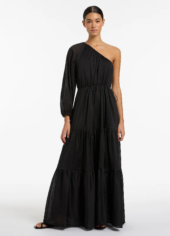 Jetset One Shoulder Maxi Dress  - Black Casual Maxi Dress with Pockets