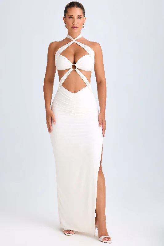 Cut-Out Ruched Halterneck Maxi Dress in White Cozy Maxi Dress with Slit