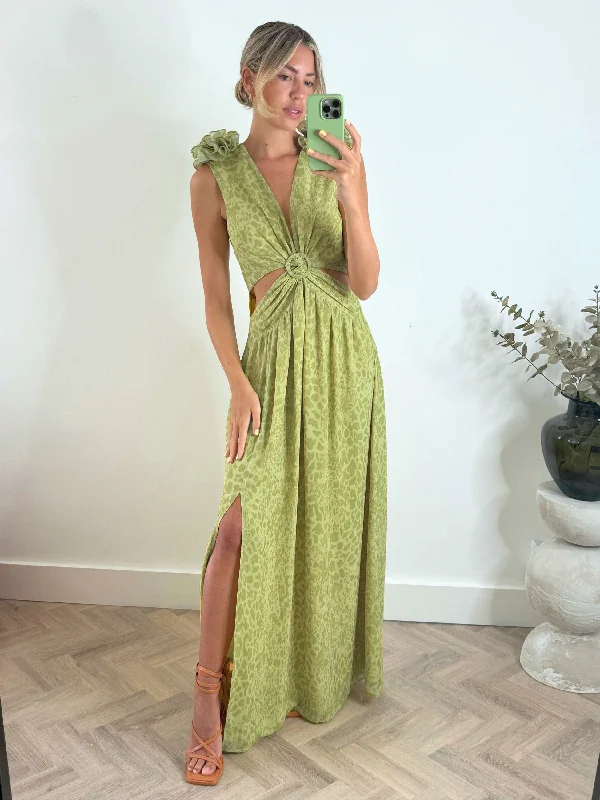 Layla Maxi dress with shoulder corsage / Green Animal Fashionable Chiffon Tiered Maxi Dress