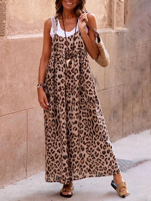 Leopard Print Patchwork Charming Suspender Maxi Dress Stylish Maxi Dress with Frills