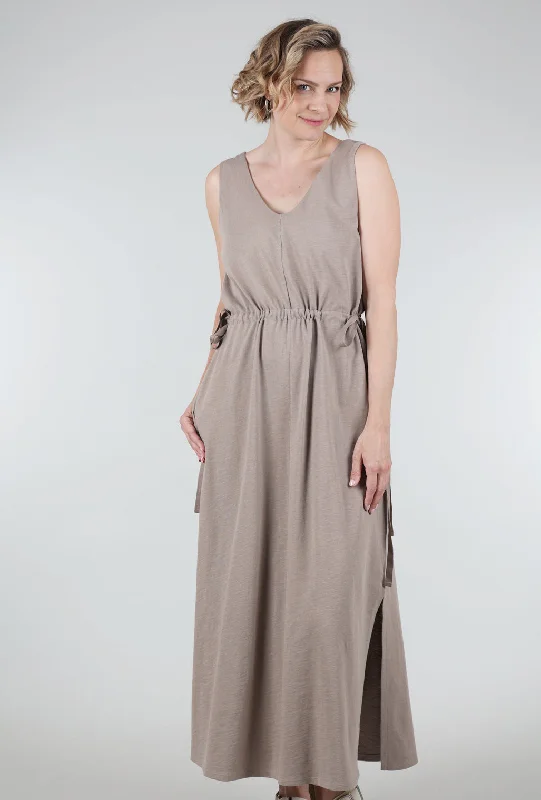 Drawcord Waist Maxi Dress, Driftwood Stylish V-Neck Maxi Dress