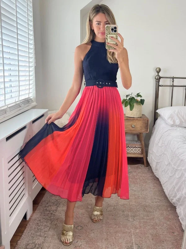 Luisa Belted Pleated Maxi Dress / Navy & Orange Ombre Cozy Cold-Shoulder Maxi Dress