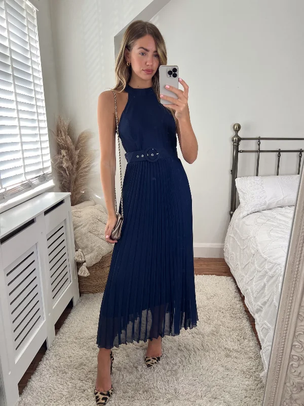 Luisa Belted Pleated Maxi Dress / Navy Trendy Maxi Dress with Lace