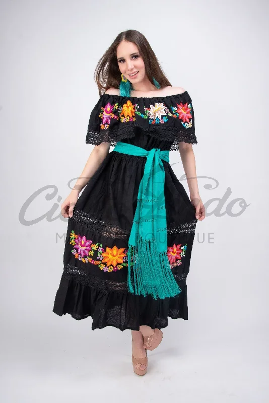 Mexican Luxury Campesino Fino Maxi Dress Black Elegant Maxi Dress with Drapes