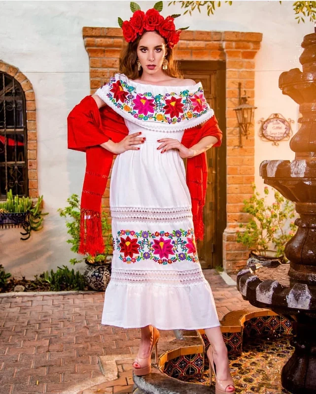 Mexican Luxury Fino Campesino Maxi Dress White Fashionable Sheer Maxi Dress