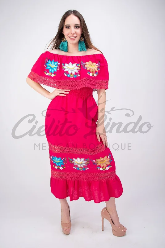 Mexican Luxury Fino Campesino Maxi Dress Hot Pink Fashionable High-Waist Maxi Dress