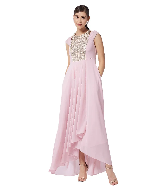 Miss Chase Women's Dusty Pink Round Neck Cap Sleeve Solid Embellished Maxi Dress(MCAW21D06-12-234-04,Dusty Pink,M) Comfortable Bohemian Maxi Dress