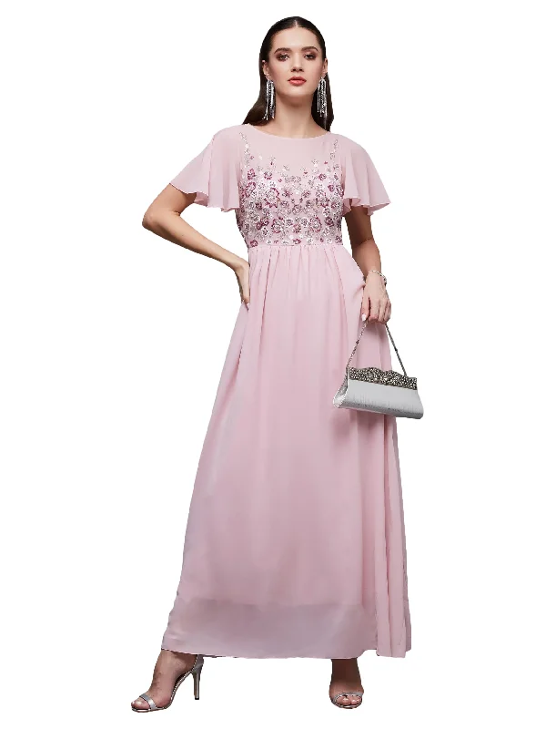 Miss Chase Women's Embellished Gathered Maxi Dress(MCSS23D98-31-199-05, Pink, L) Stylish A-Line Maxi Dress