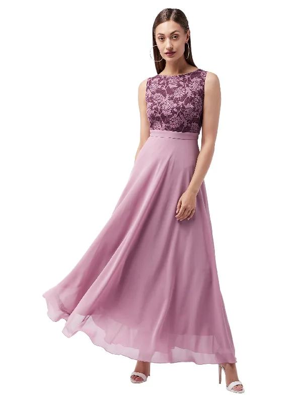 Miss Chase Women's Lavender Round Neck Sleeveless Solid Lace Overlaid Maxi Dress (MCAW19D08-57-196-02,Lavender,XS) Classic Solid Maxi Dress