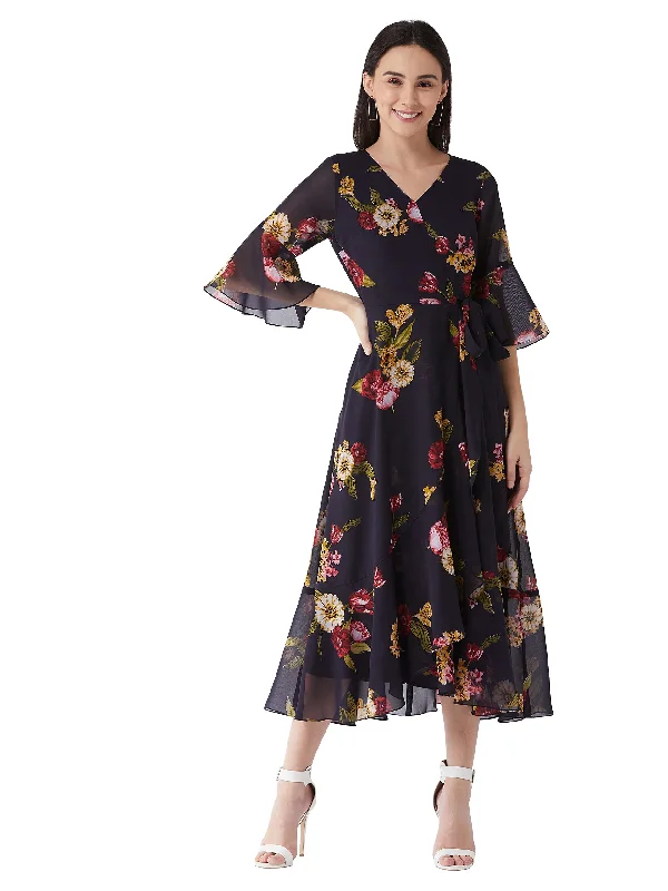 Miss Chase Women's Multicolored- Base- Navy Blue V Neck 3/4th Sleeve Floral Ruffled Maxi Dress (MCAW21D06-13-224-05,Multicolored- Base- Navy Blue,L) Elegant Pleated Maxi Dress