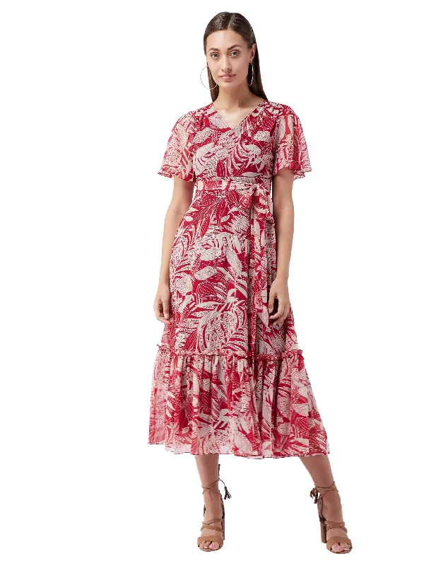 Miss Chase Women's V Neck Flared Sleeve Floral Wrap Maxi Dress (MCAW21D06-14-224-02, Multicolored-Base-Maroon, XS) Trendy Floral Print Maxi Dress