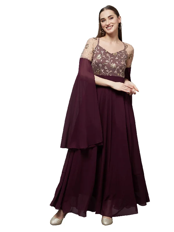 Miss Chase Women's Wine V-Neck Flared Long Sleeve Embroidered Fit & Flare Maxi Dress (MCSS22D13-60-184-05, Wine, L) Classic A-Line Maxi Dress