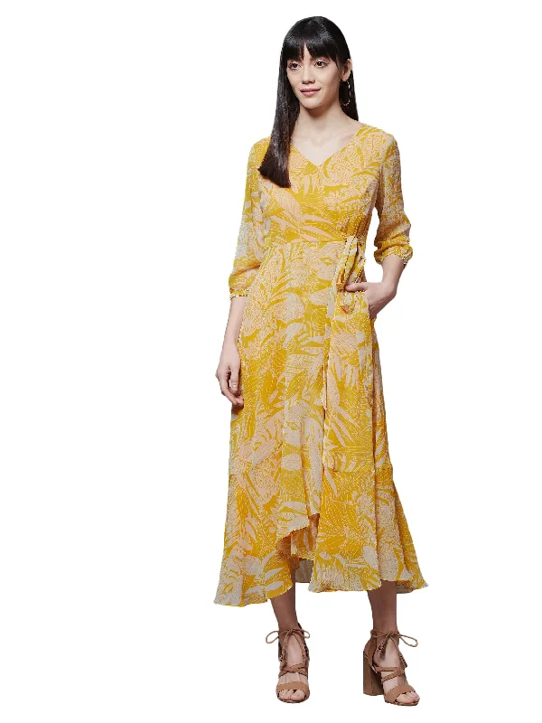 Miss Chase Women's Yellow & White V Neck Full Sleeve Floral Layered Maxi Dress (MCAW21D14-94-37-02, Yellow & White, XS) Comfortable Maxi Dress with Slits