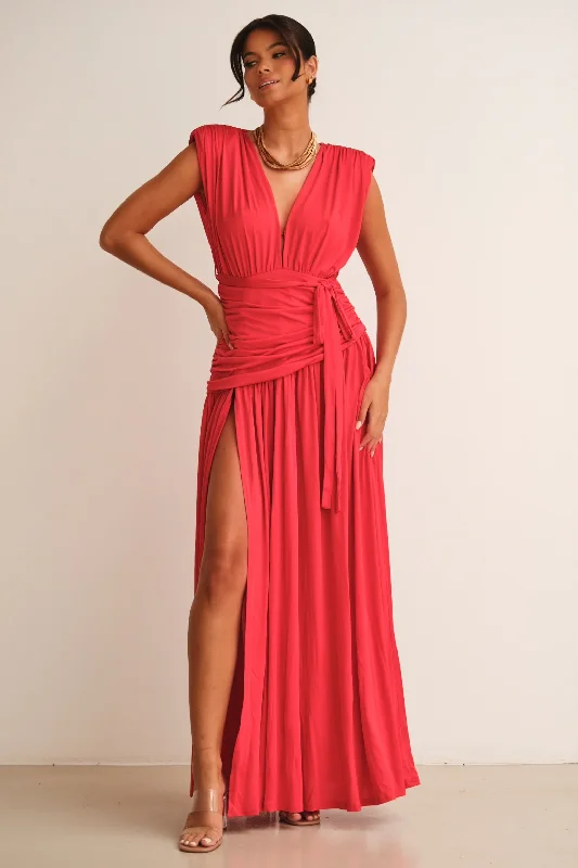 Myra Maxi Dress Red Stylish Maxi Dress with Pleats