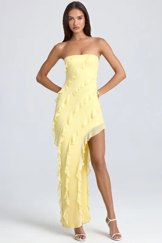 Bandeau Ruffle-Trim Maxi Dress in Lemon Sherbet Elegant Wraparound Maxi Dress