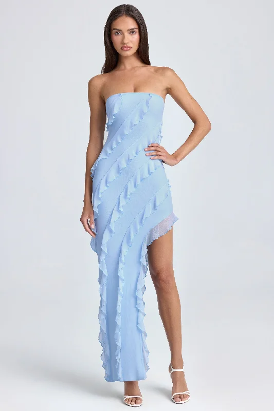 Bandeau Ruffle-Trim Maxi Dress in Powder Blue Cozy Maxi Dress with Slit