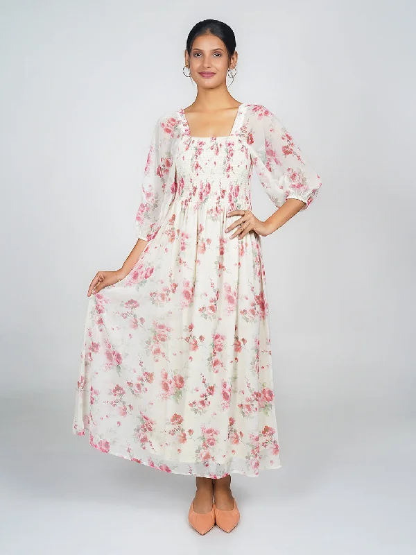 Off White Printed Floral Flared Maxi Dress Elegant Floral Maxi Dress