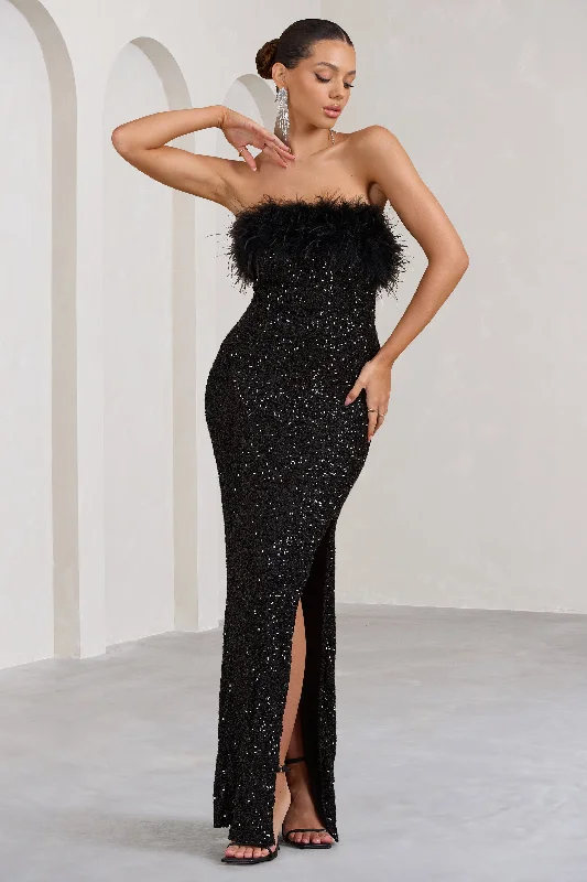 Old Money | Black Bodycon Sequin Maxi Dress With Feather Trim Fashionable Chiffon Maxi Dress