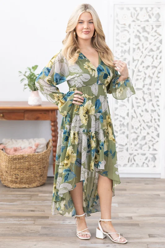 Olive Floral V-Neck Long Sleeve Maxi Dress Trendy Maxi Dress with Bow