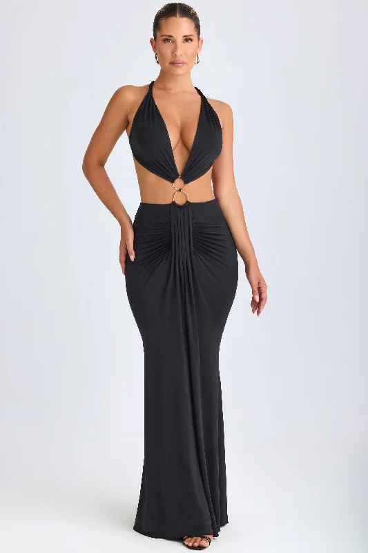 Hardware Detail Cut-Out Halterneck Maxi Dress in Black Stylish Maxi Dress with Pleats