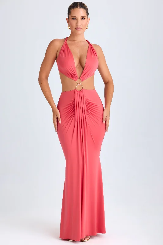 Hardware Detail Cut-Out Halterneck Maxi Dress in Coral Fashionable Halter Neck Maxi Dress