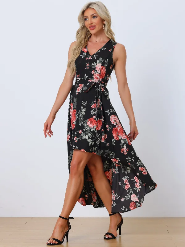 V Neck Floral Print Belt Sleeveless High Low Hem Long Maxi Dress Sundress Elegant Pleated Maxi Dress