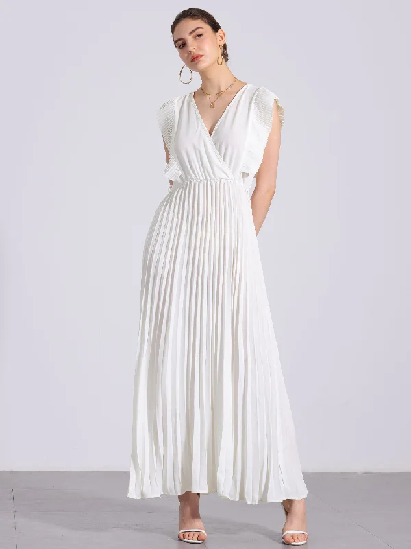 V Neck Short Sleeves Lace-Up Belted Pleated Maxi Dress Cozy Knit Maxi Dress