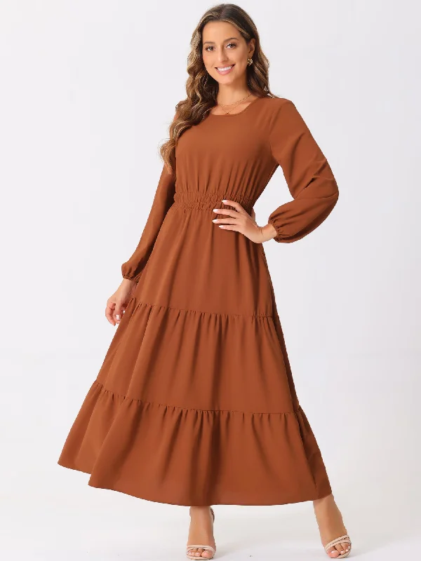 Long Sleeve Crew Neck Pocketed Tiered Maxi Dress Stylish Longline Maxi Dress