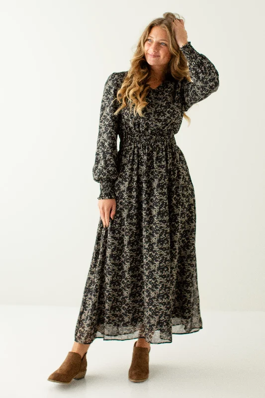 'Pamela' Smocked Detail Ditsy Floral Maxi Dress in Black Cozy Maxi Dress with Slit