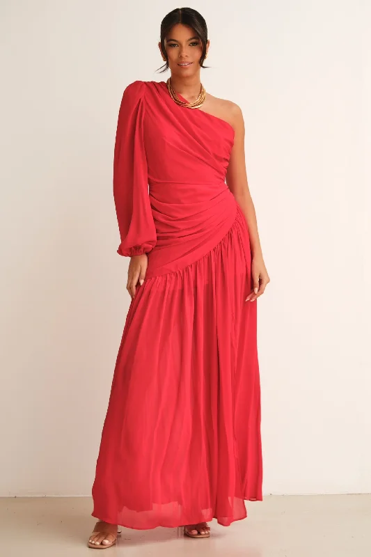 Piper One Shoulder Maxi Dress Red Comfortable Maxi Dress with Belt