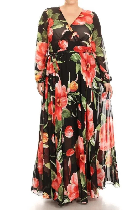 Plus Maxi Dress Floral Tulip Chiffon Sheer Wrap Print Long Sleeve Wrap Sweep Stylish One-Shoulder Maxi Dress