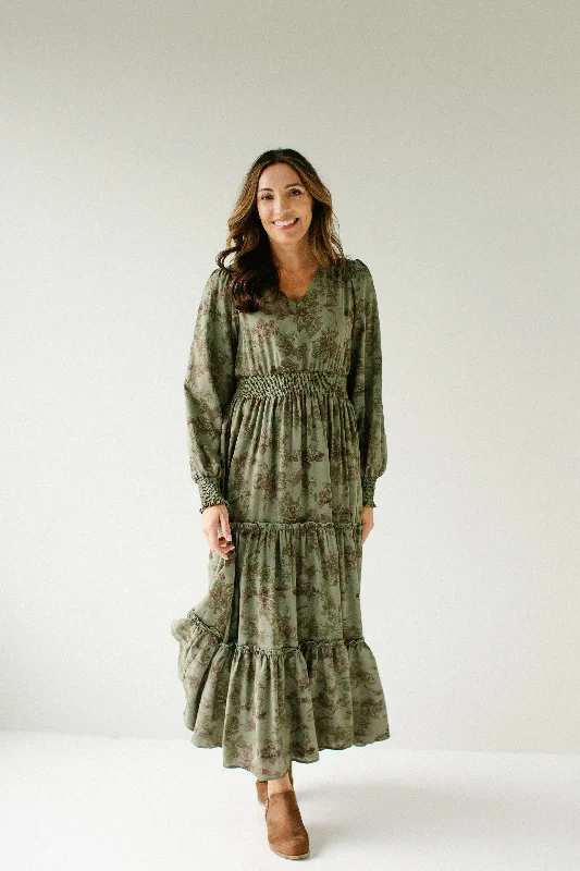 'Poetry' Abstract Floral Chiffon Maxi Dress in Oak Moss Stylish Maxi Dress with Frills