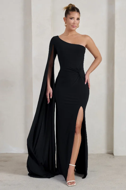 Romi | Black One Shoulder Twist Design Maxi Dress Trendy Maxi Dress with Lace