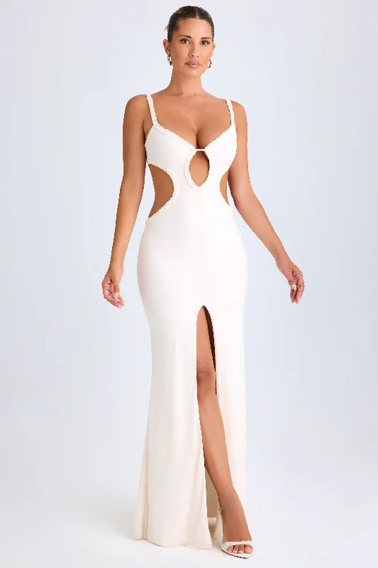 Ruffle-Appliqué Cut-Out Maxi Dress in White Trendy Satin Maxi Dress