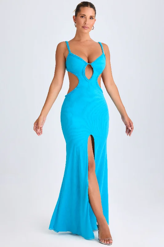 Ruffle-Appliqué Cut-Out Maxi Dress in Aqua Blue Chic Sleeveless Maxi Dress