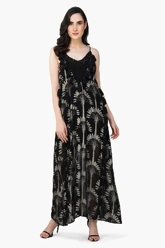 Silver Black Foil Printed Strap Maxi Dress Cozy Cold-Shoulder Maxi Dress