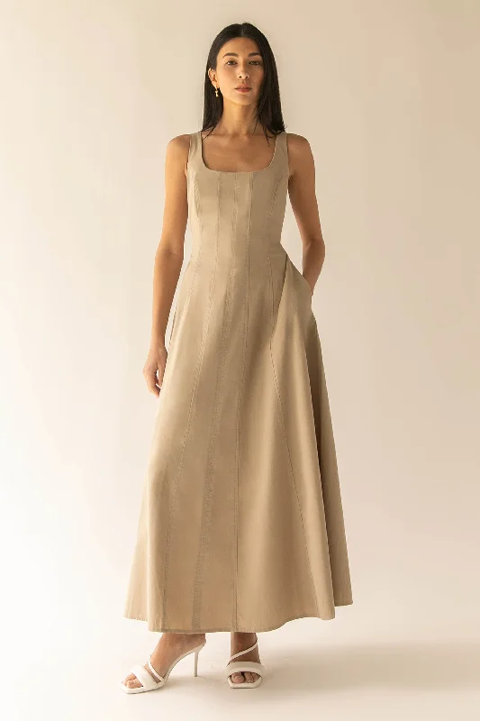 SQUARE NECK MAXI DRESS Stylish Pleated A-Line Maxi Dress