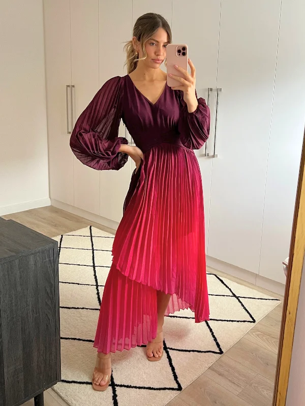 Toni Long Sleeved Pleated Maxi Dress / Mulberry & Pink Ombre Fashionable Layered Maxi Dress