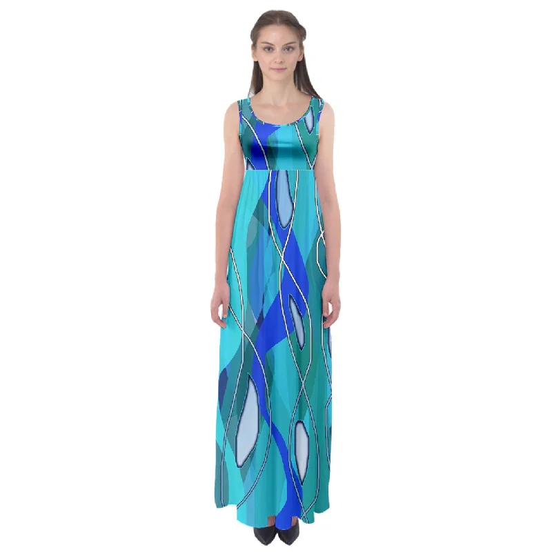 Wavy Blue Empire Waist Maxi Dress Comfortable Plunging Neckline Maxi Dress