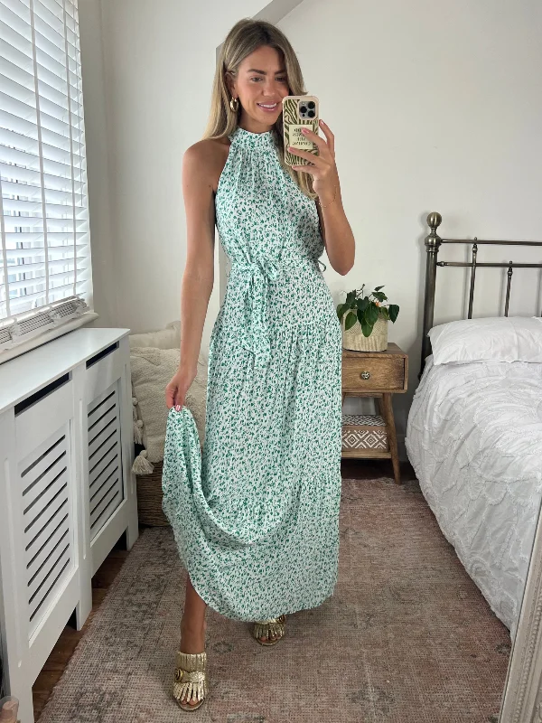 Willow High Neck Maxi Dress / Green Fashionable Faux Wrap Maxi Dress