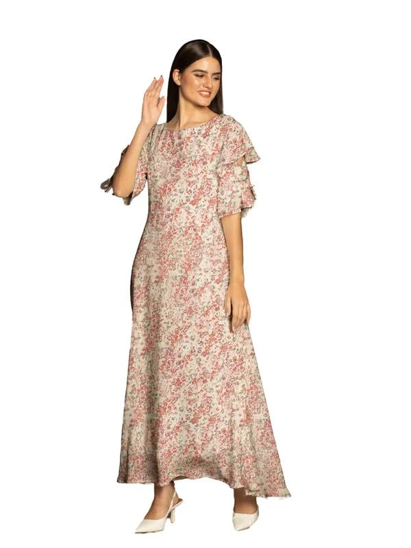 Zink London Women's Beige Floral Print Flared Maxi Dress Comfortable Fitted Maxi Dress