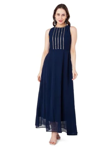 Zink London Women's Blue Embroidered Flared Maxi Dress Fashionable High-Low Maxi Dress