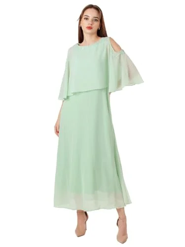 Zink London Women's Green Embroidered Flared Maxi Dress Stylish Long Sleeve Maxi Dress