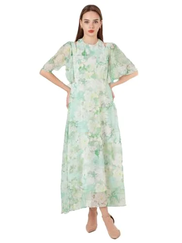 Zink London Women's Green Printed Regular Maxi Dress Elegant Maxi Dress with Belt