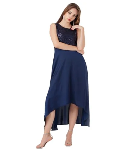 Zink London Women's Navy Blue Embellished Flared Maxi Dress Classic Strapless Maxi Dress