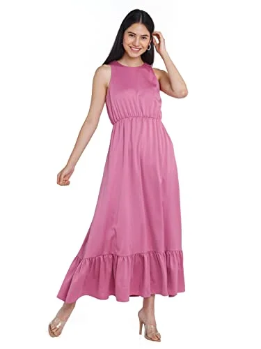 Zink London Women's Pink Solid Maxi Dress Classic Tulle Maxi Dress