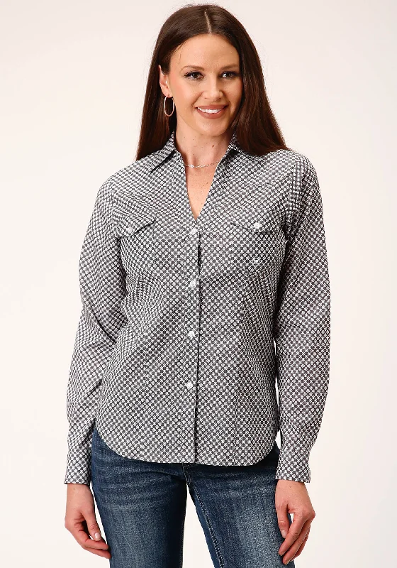 WOMENS LONG SLEEVE BUTTON DIAMOND STAR GEO  GREY WESTERN SHIRT Cozy Warm Stylish