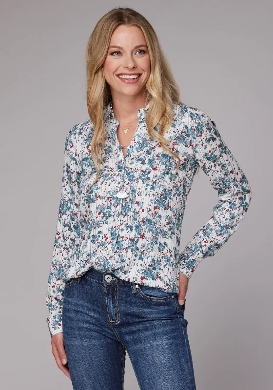 WOMENS LONG SLEEVE BUTTON DITZY FLORAL PRINT RAYON CHALLIS WESTERN SHIRT WITH TAB AND BUTTON ON SLEEVES Basic T-Shirt Crew Neck Short Sleeve